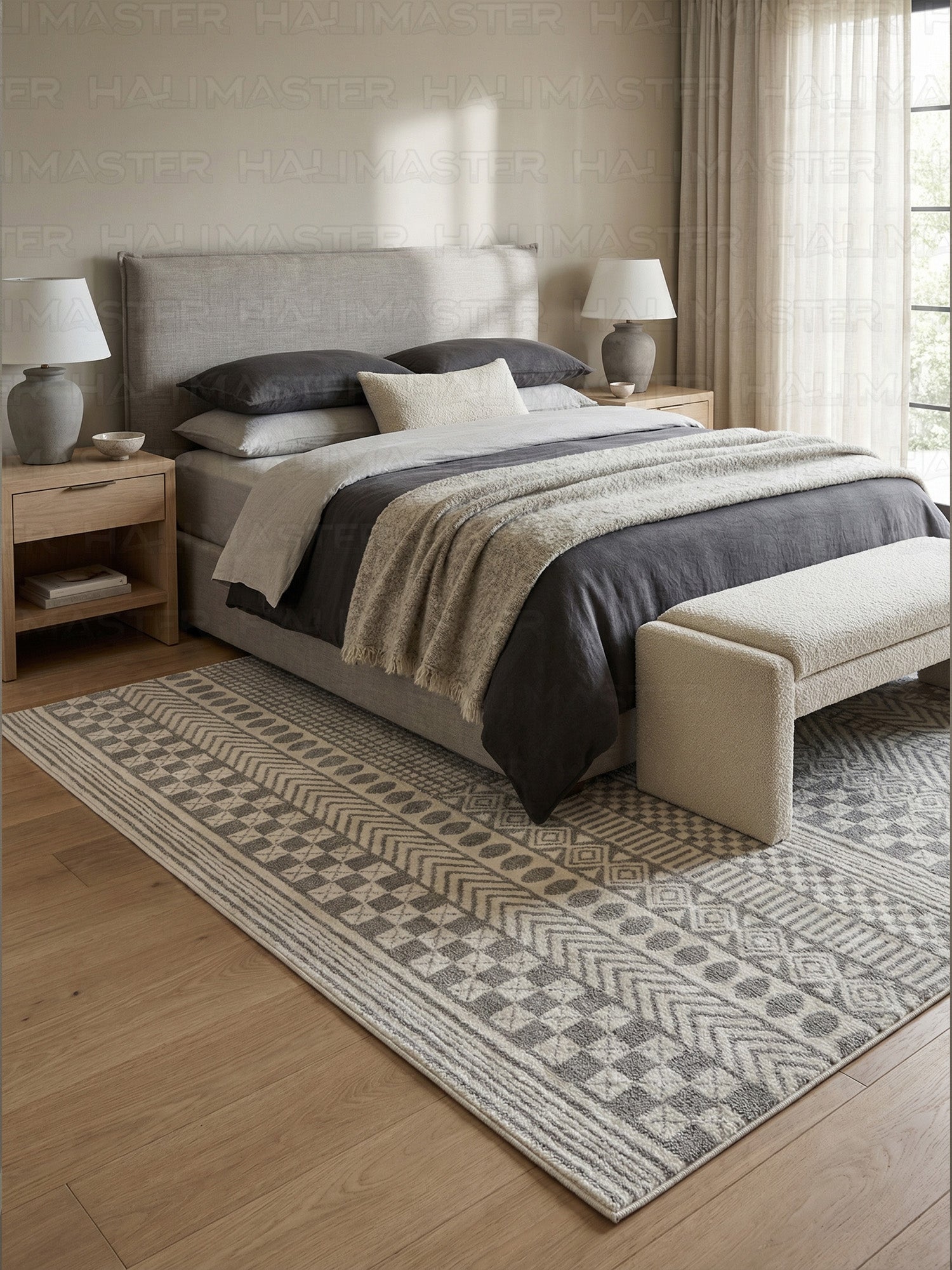 Dekoratif Boho İskandinav Tarzı Modern Salon ve Koridor Halısı - Gri/Ekru