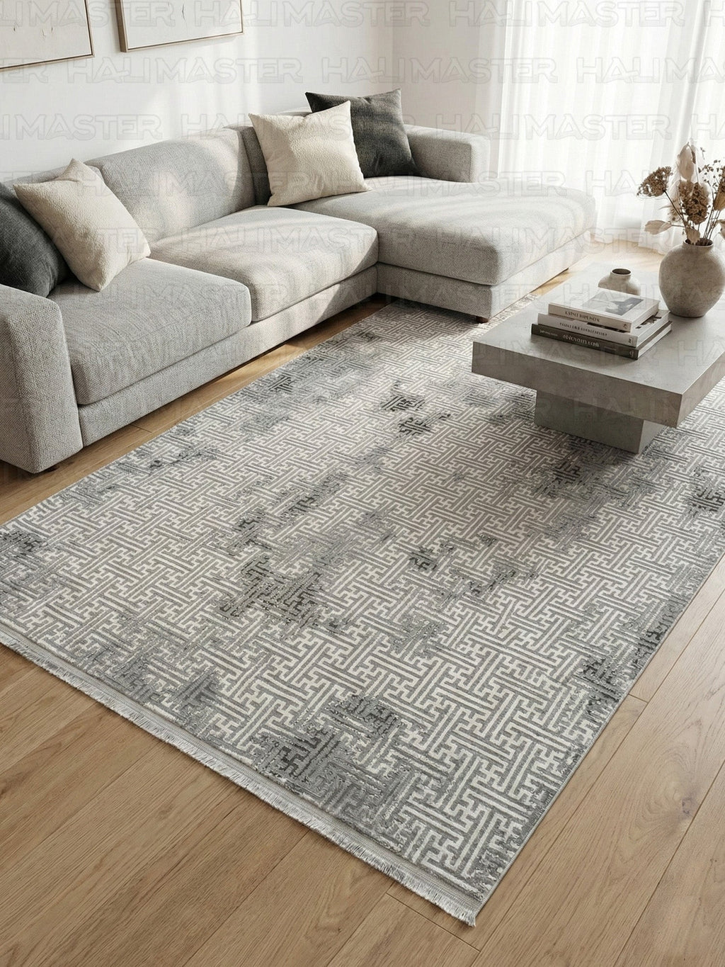 Modern Geometrik Desenli Antrasit Gri Salon Halısı - Eskitme Vintage Serisi