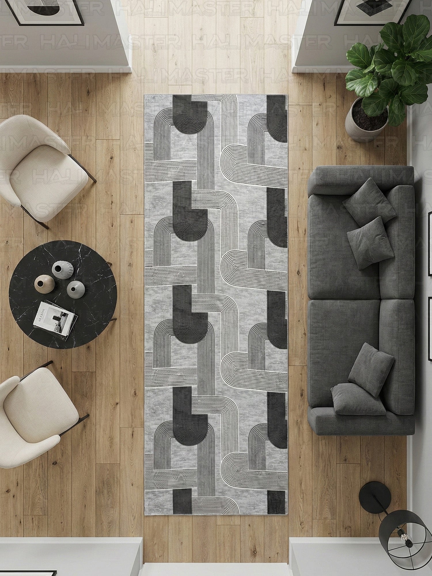 Jel Modern Geometrik Desenli Gri Siyah Özel Ölçü Kesilebilir Kesme Halı