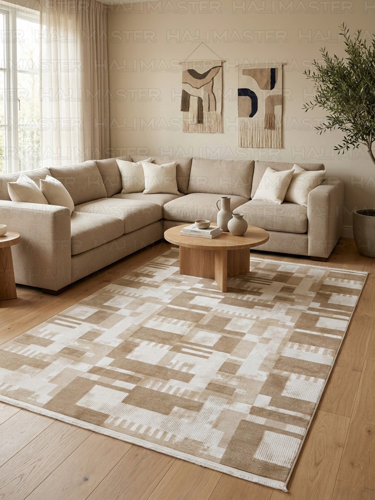 Modern Geometrik Desenli Salon Halısı - Bej ve Kahve Tonları