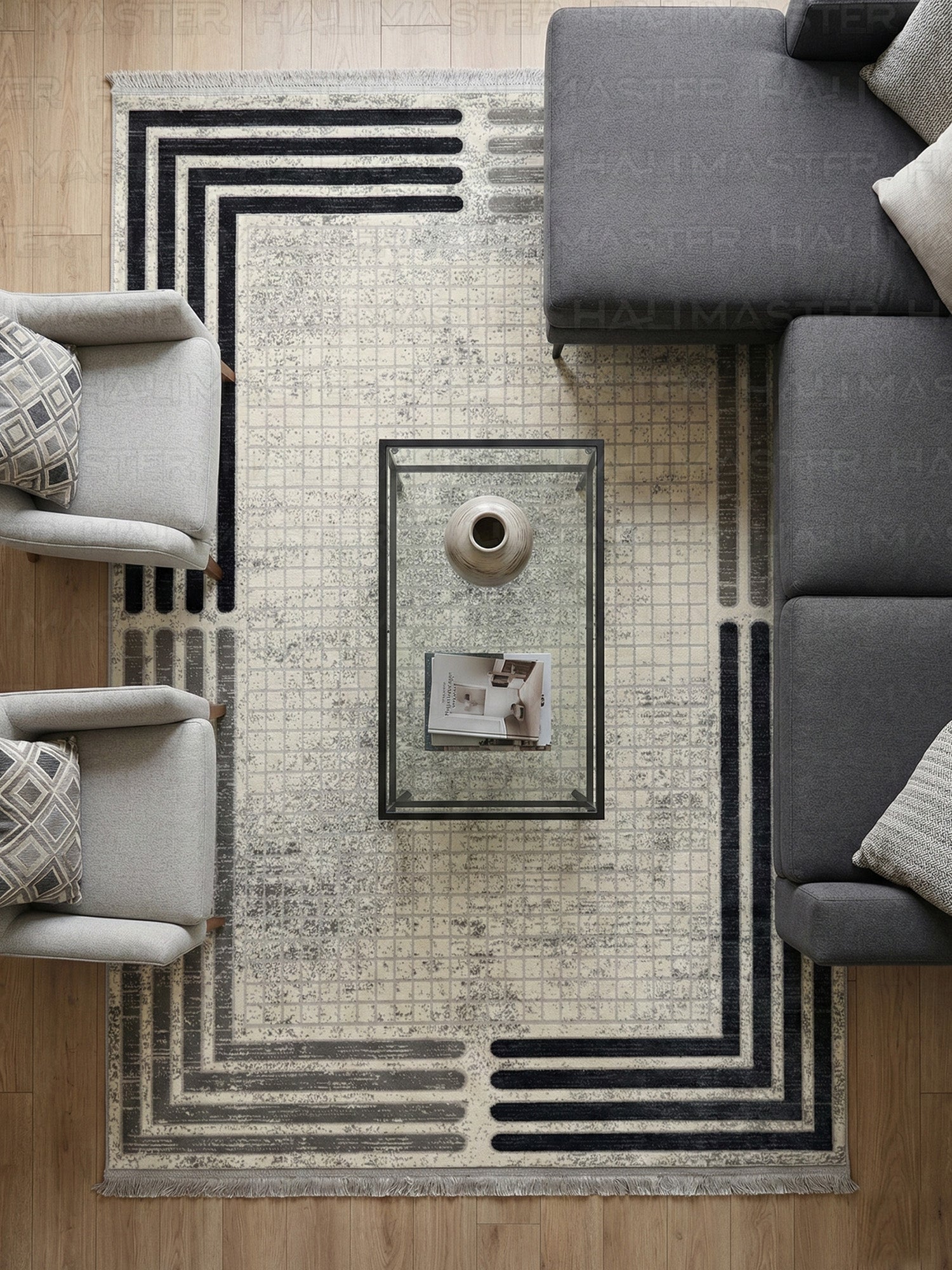 Modern Geometrik Desenli Gri Lacivert Salon Halısı - Püsküllü & Eskitme Görünümlü