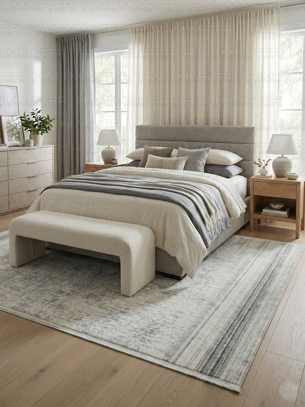 Kumru Minimalist Çizgili Bordürlü Eskitme Görünümlü Gri Kesme Halı
