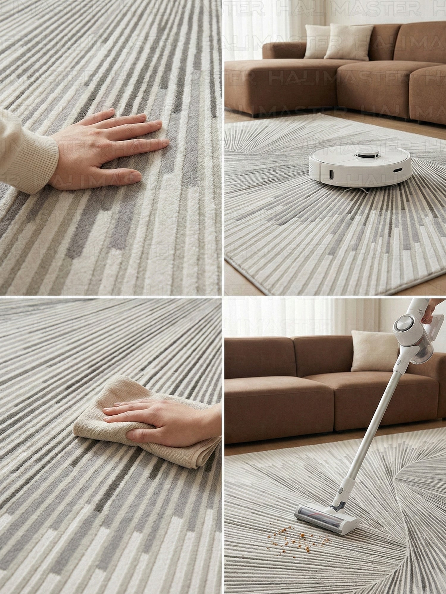 Modern Geometrik Çizgili Gri Beyaz Salon Halısı - Saçaklı Tasarım