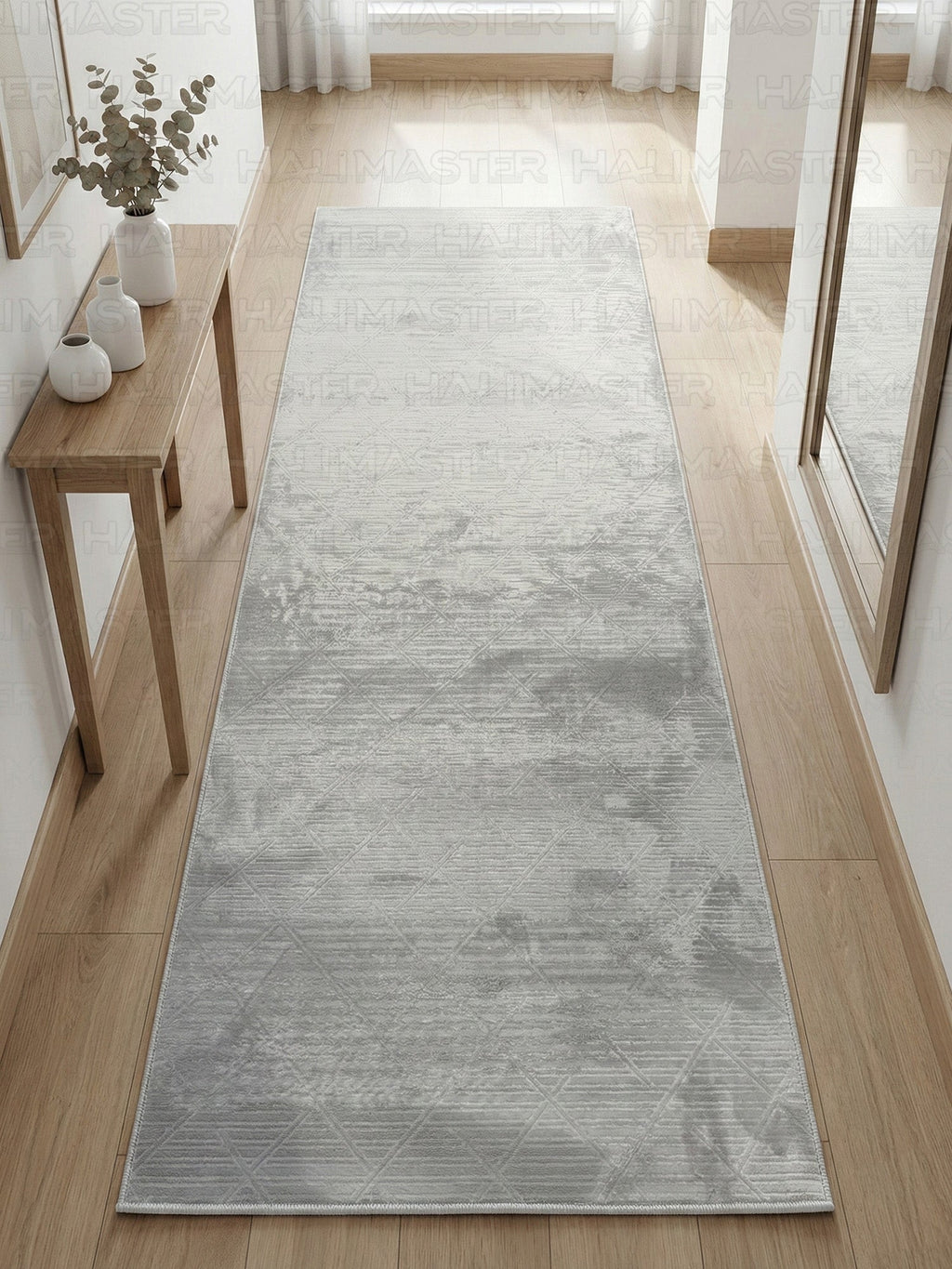Bambu Gri Modern Geometrik Kaymaz Taban Özel Ölçü Kesilebilir Halı Yolluk