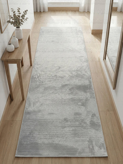 Bambu Gri Modern Geometrik Kaymaz Taban Özel Ölçü Kesilebilir Halı Yolluk