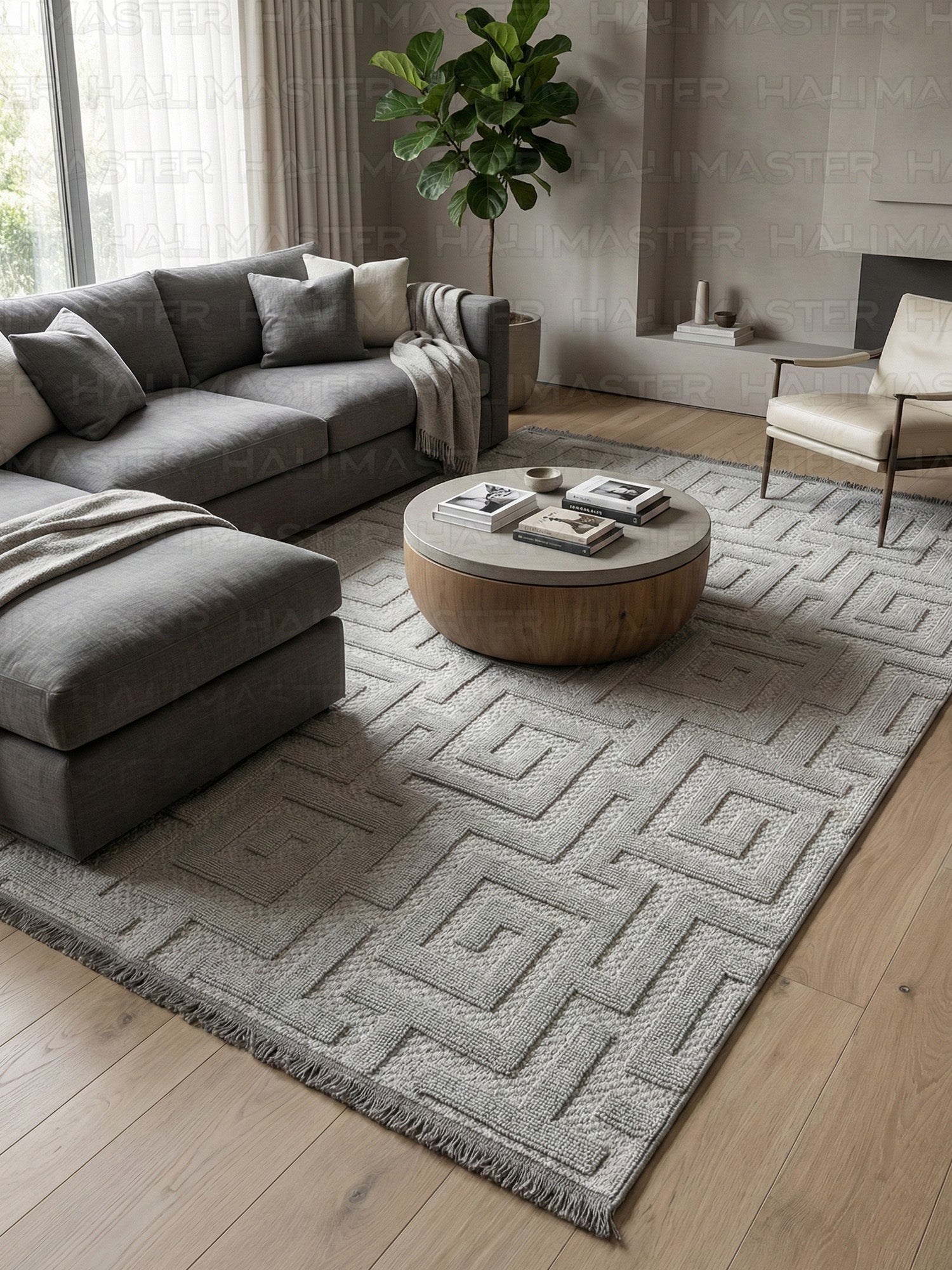 Dekoratif Gri Geometrik Desenli Kabartmalı Modern Halı - Saçaklı ve Özel Ölçü