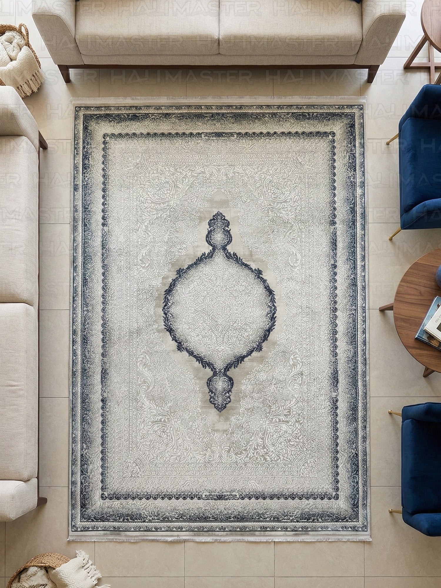 Gri ve Beyaz Renkli Klasik Madalyon Desenli Modern Salon Halısı