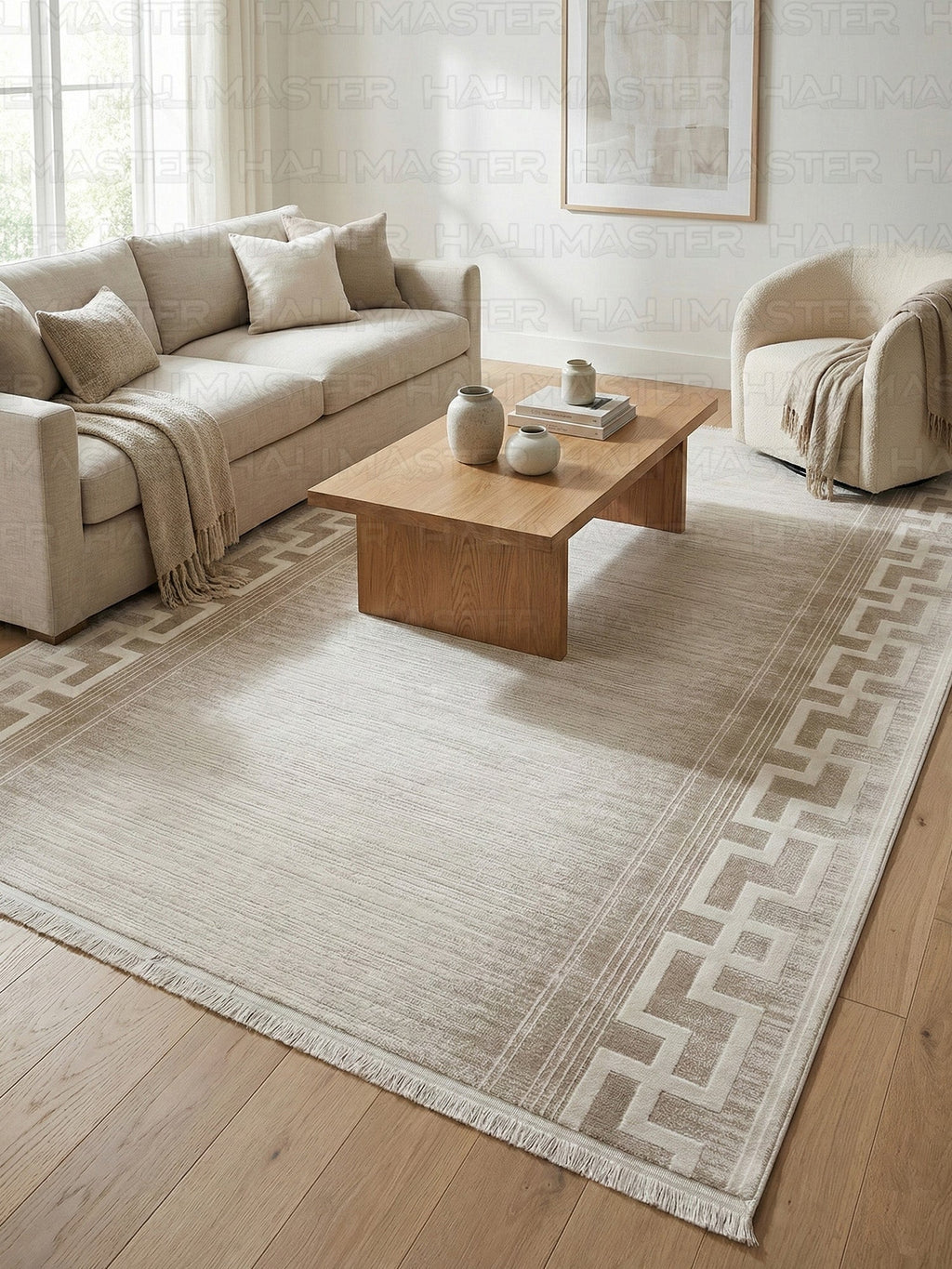 Kumru Grek Desenli Modern Halı - Eskitme Geçişli Kahve ve Krem Özel Ölçü Halı