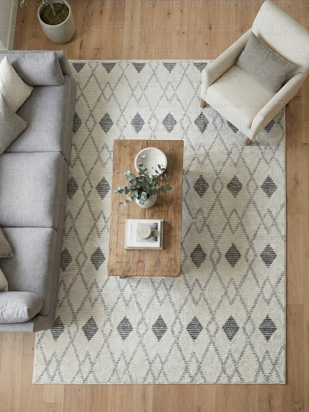 Dekoratif Modern Geometrik Desenli Yolluk - Gri Krem Baklava Desenli Halı - Özel Ölçü
