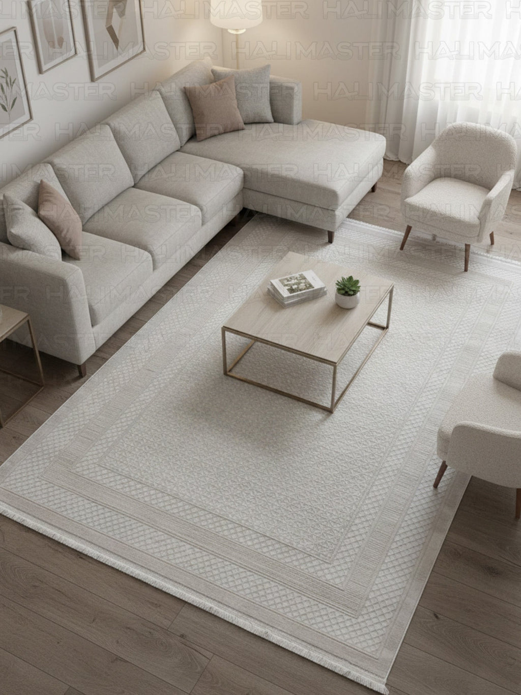 Modern Geometrik Desenli Saçaklı Salon Halısı - Ekru / Krem