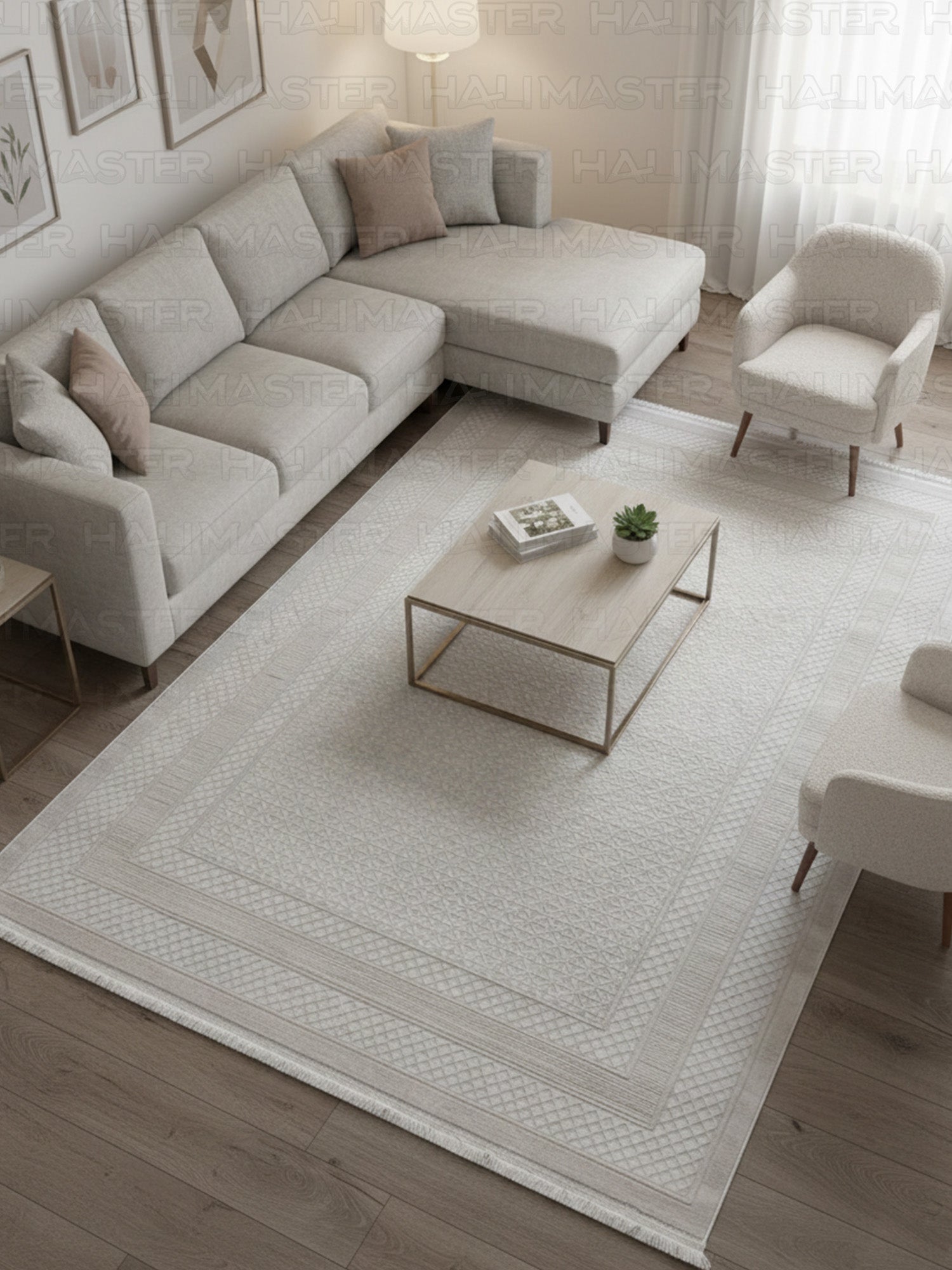 Modern Geometrik Desenli Saçaklı Salon Halısı - Ekru / Krem