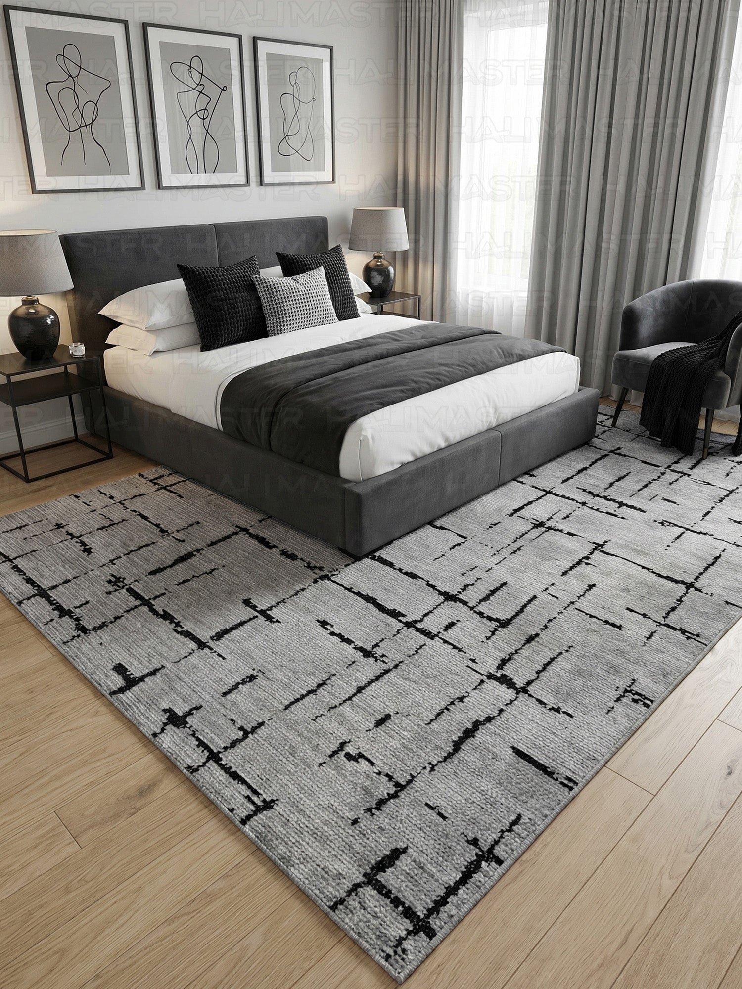 Kilim Siyah Çizgili Modern Gri Salon Halısı ve Yolluk Özel Ölçü