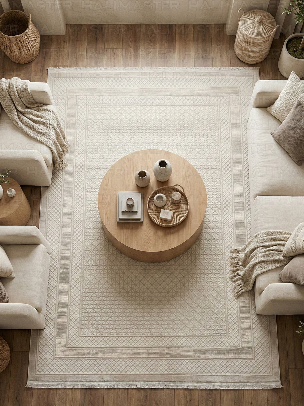 Modern Geometrik Desenli Saçaklı Salon Halısı - Ekru / Krem
