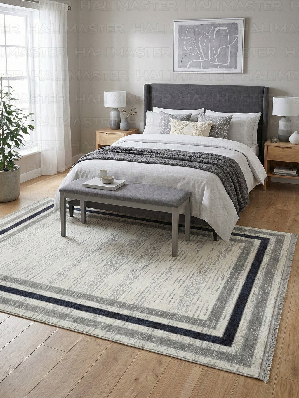 Minimalist Çerçeve Tasarımlı Dokulu Gri Antrasit Modern Halı