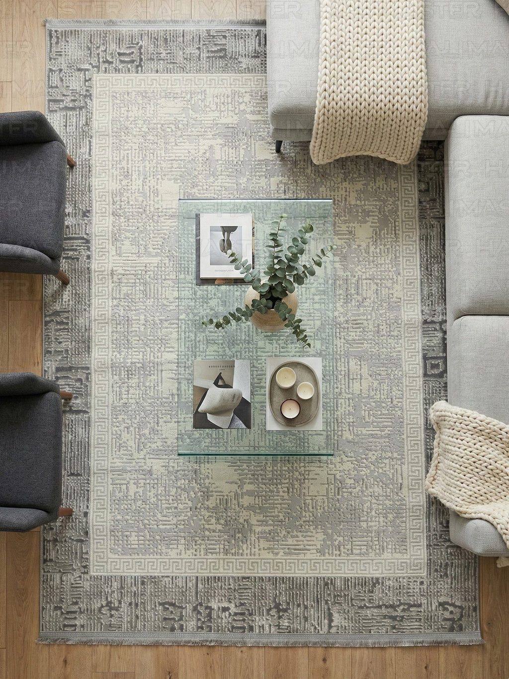 Gri Gümüş Greks Desenli Modern Salon Halısı - Saçaklı Eskitme Desen Lüks Halı