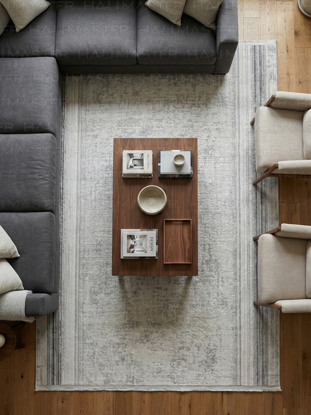 Kumru Minimalist Çizgili Bordürlü Eskitme Görünümlü Gri Kesme Halı