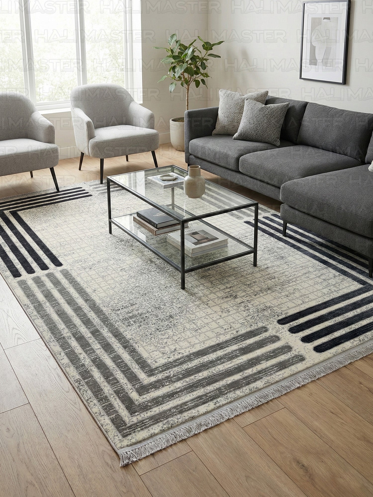 Modern Geometrik Desenli Gri Lacivert Salon Halısı - Püsküllü & Eskitme Görünümlü