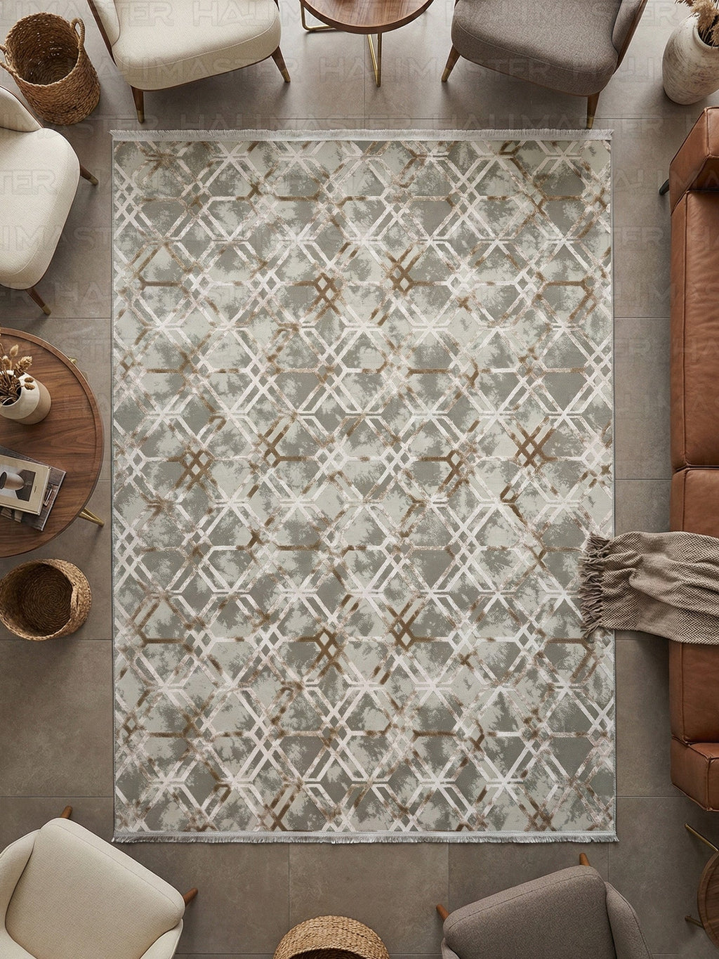 Modern Geometrik Desenli Eskitme Halı - Toprak ve Gri Tonları
