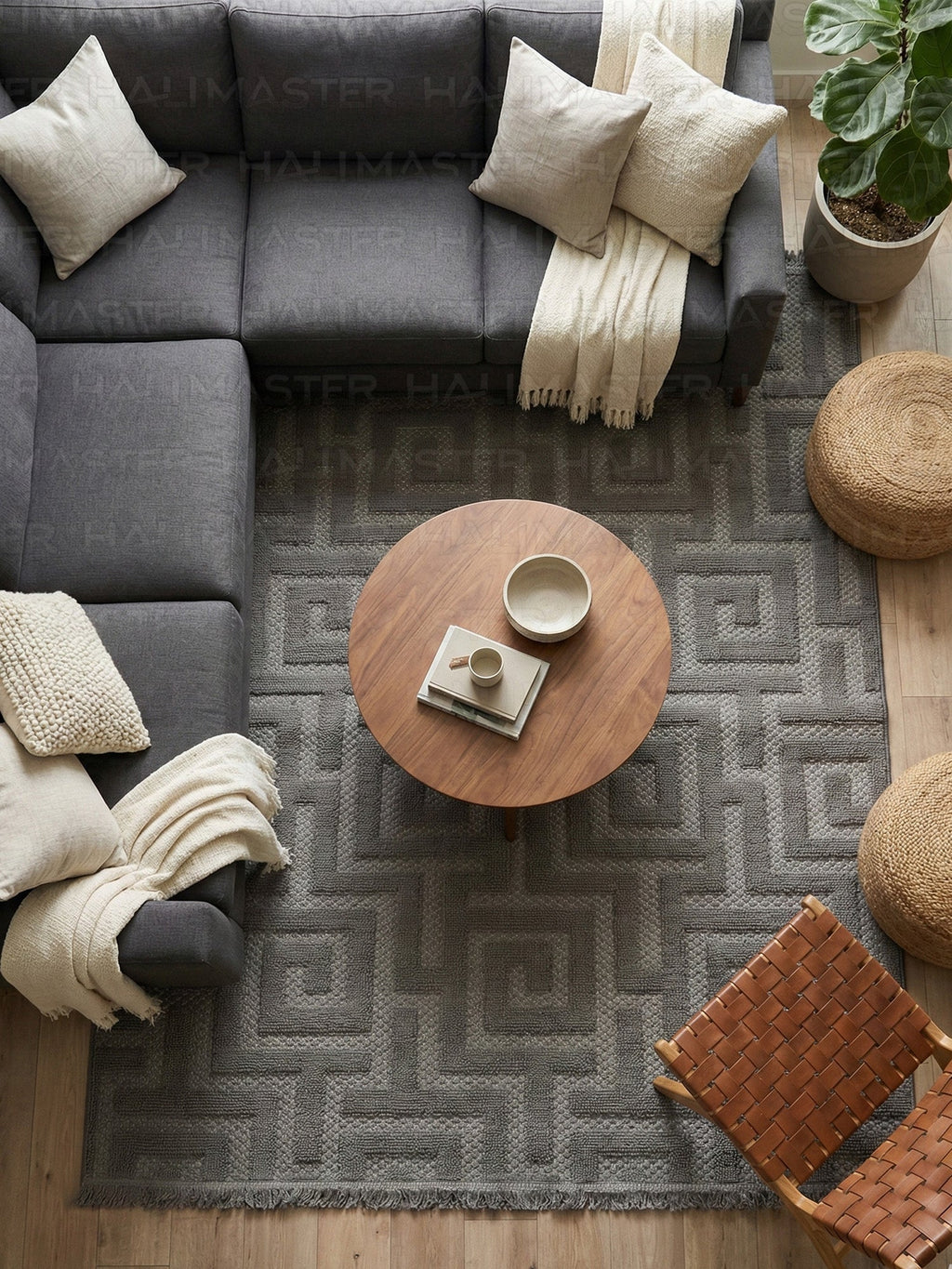 Dekoratif Antrasit Geometrik Desenli Kabartmalı Modern Halı - Saçaklı ve Özel Ölçü