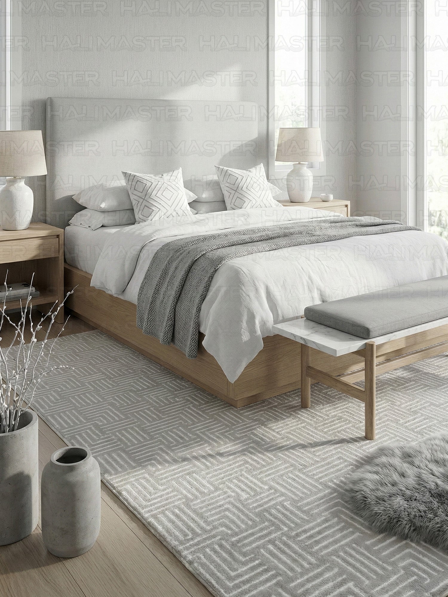 Akrilik Modern Geometrik Desenli Gri Halı – Özel Ölçü Salon & Antre Halısı