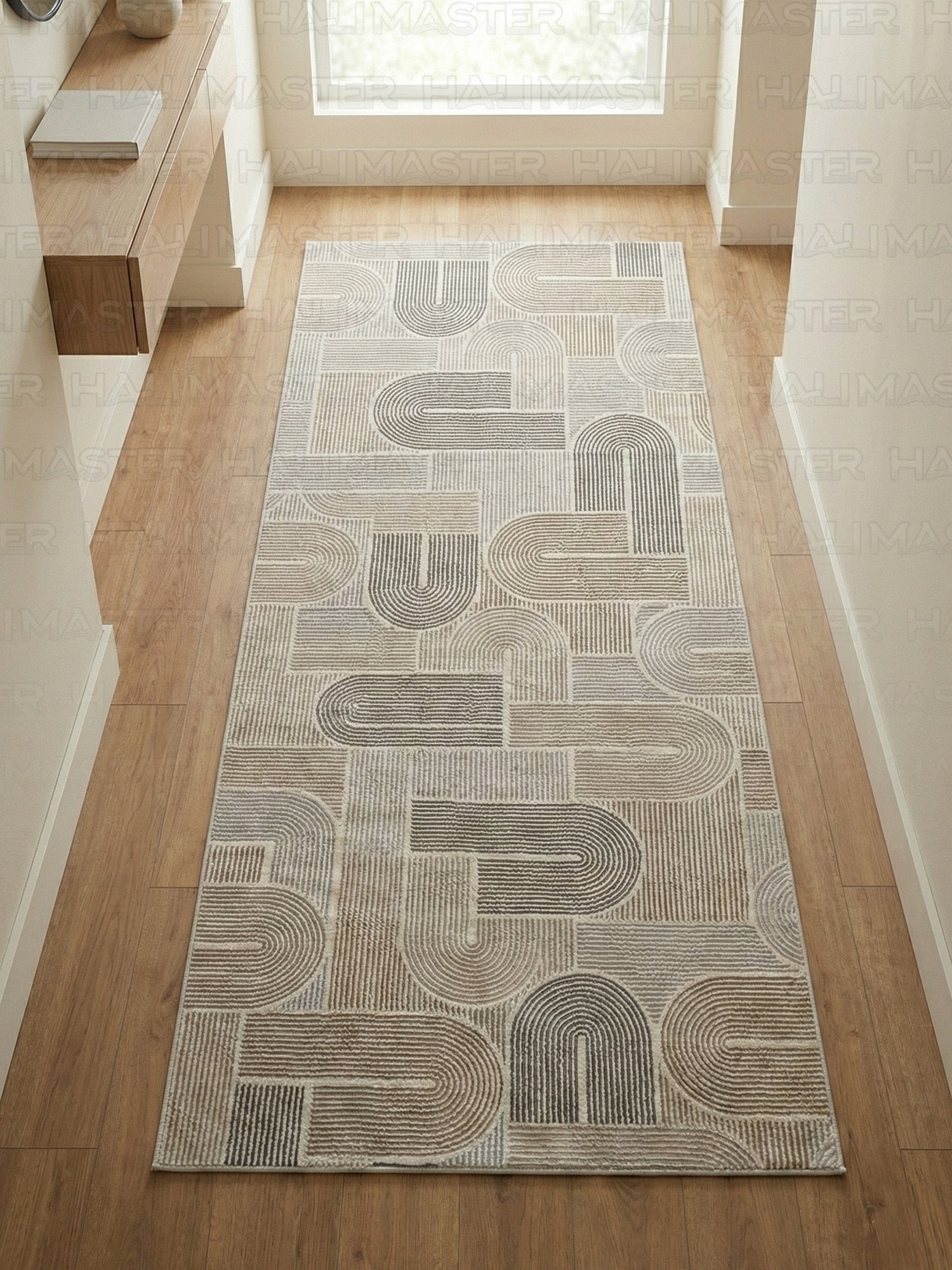 Dinarsu Minimalist U-Line Desenli Kahve - Bej  Vizon Kaymaz Taban Modern Halı