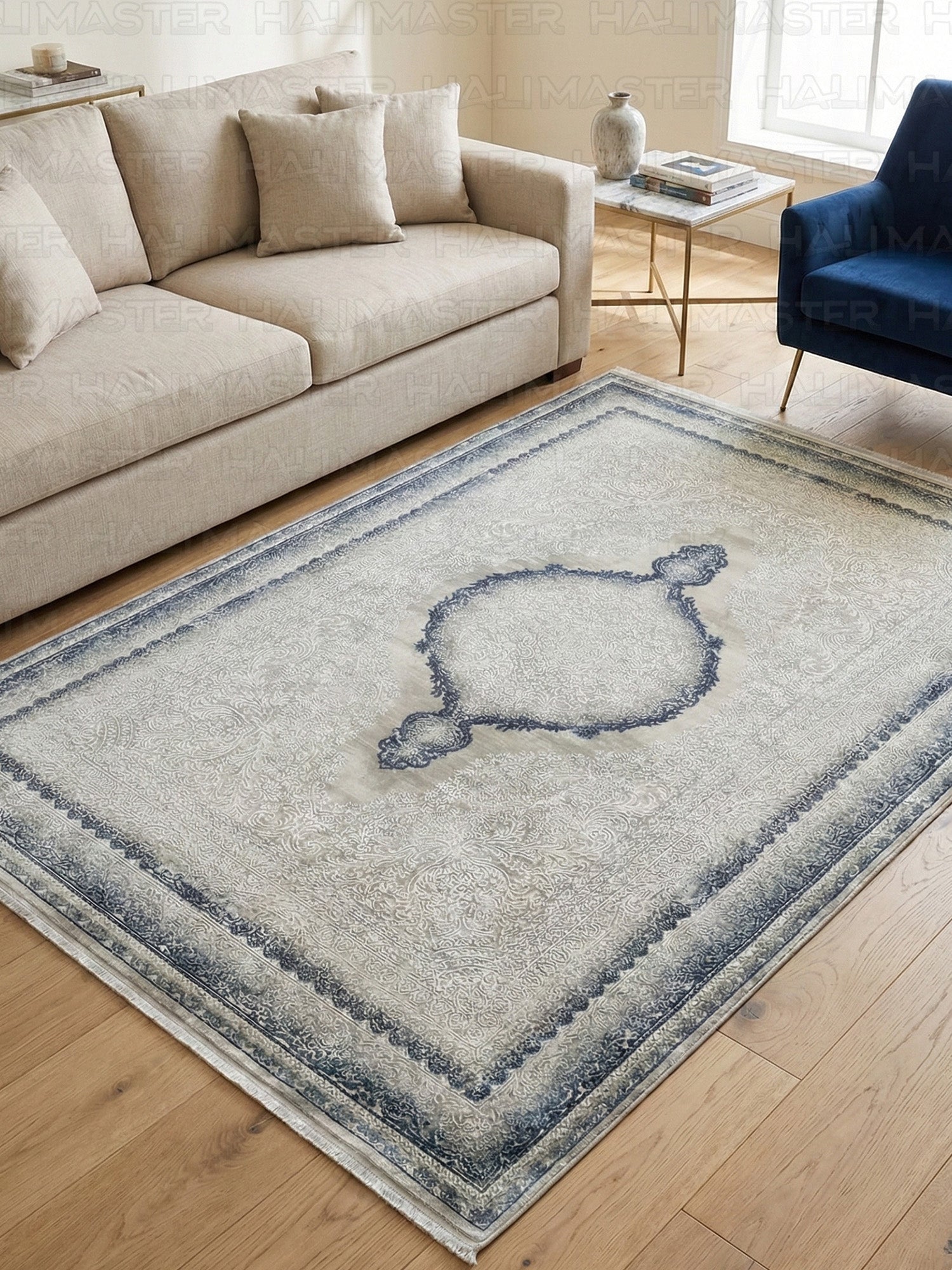 Gri ve Beyaz Renkli Klasik Madalyon Desenli Modern Salon Halısı