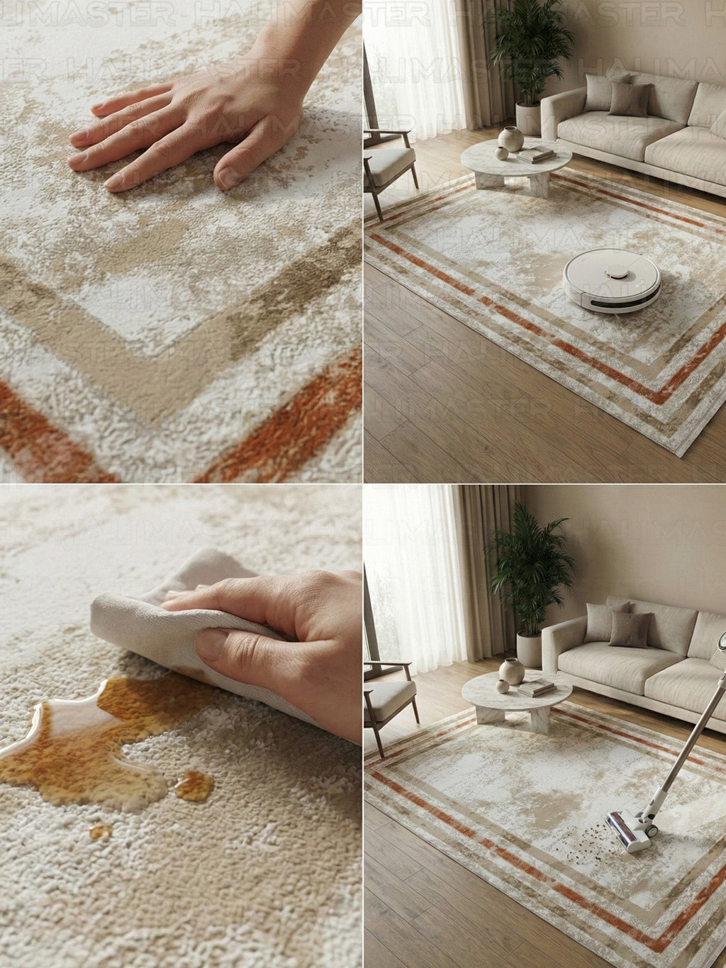 Modern Eskitme Desenli Dikdörtgen Halı - Kahve ve Kiremit Detaylı Antrasit Krem Salon Halısı