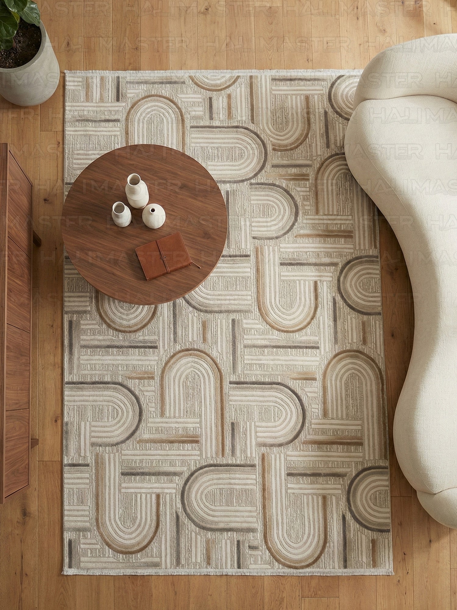 Modern Geometrik Kemer Desenli Salon Halısı - Krem Kahve Vizon