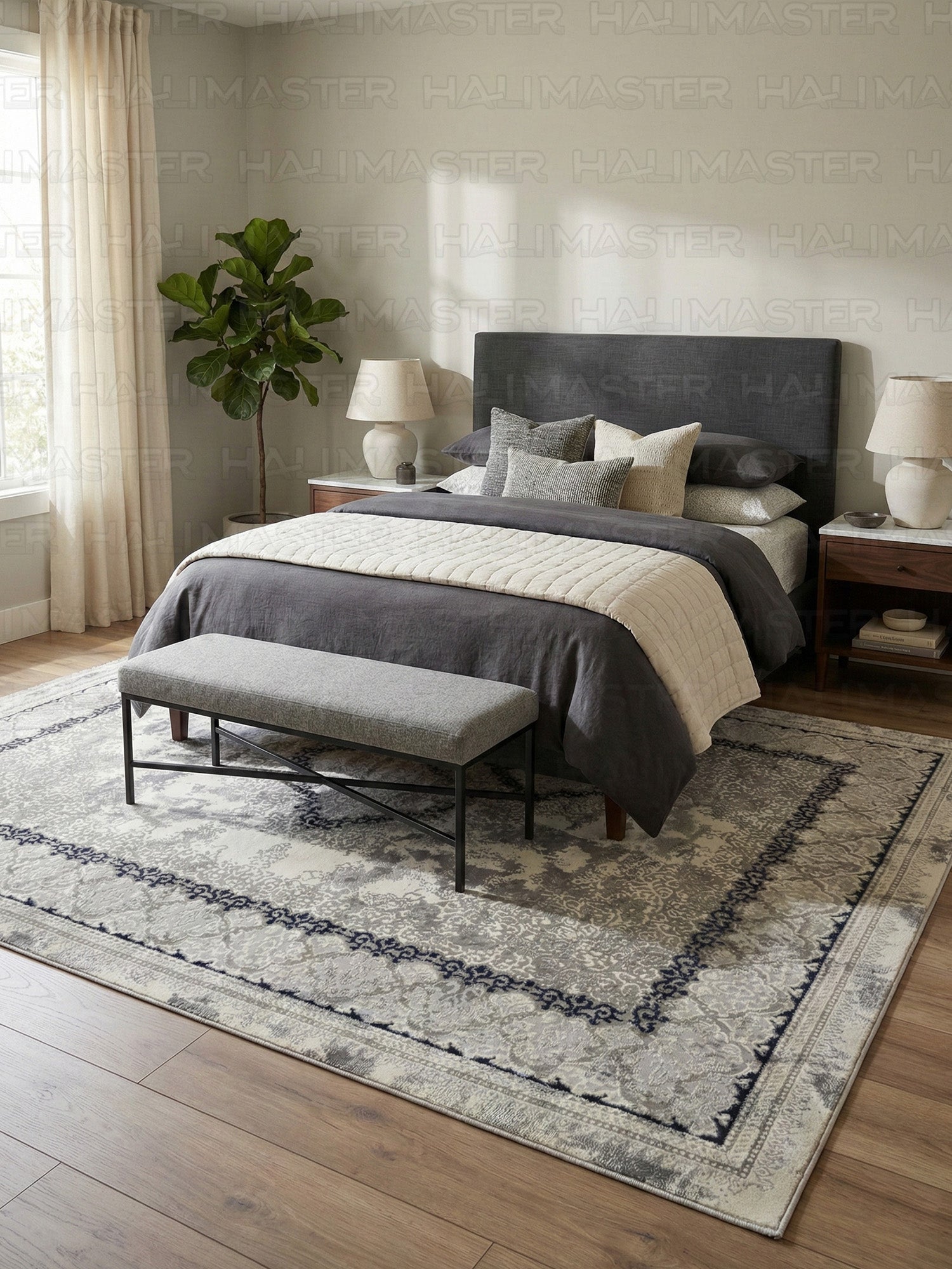 Modern Gri Madalyon Desenli Eskitme Halı - Toz Tutmaz Salon ve Oda Halısı