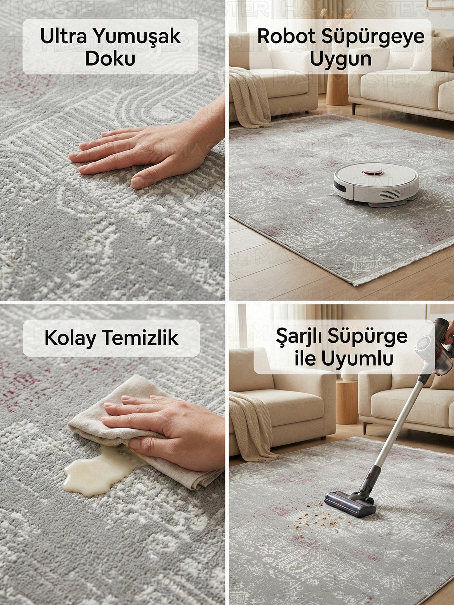 Gri Eskitme Desenli Modern Salon Halısı - Vintage Görünümlü Antrasit Halı