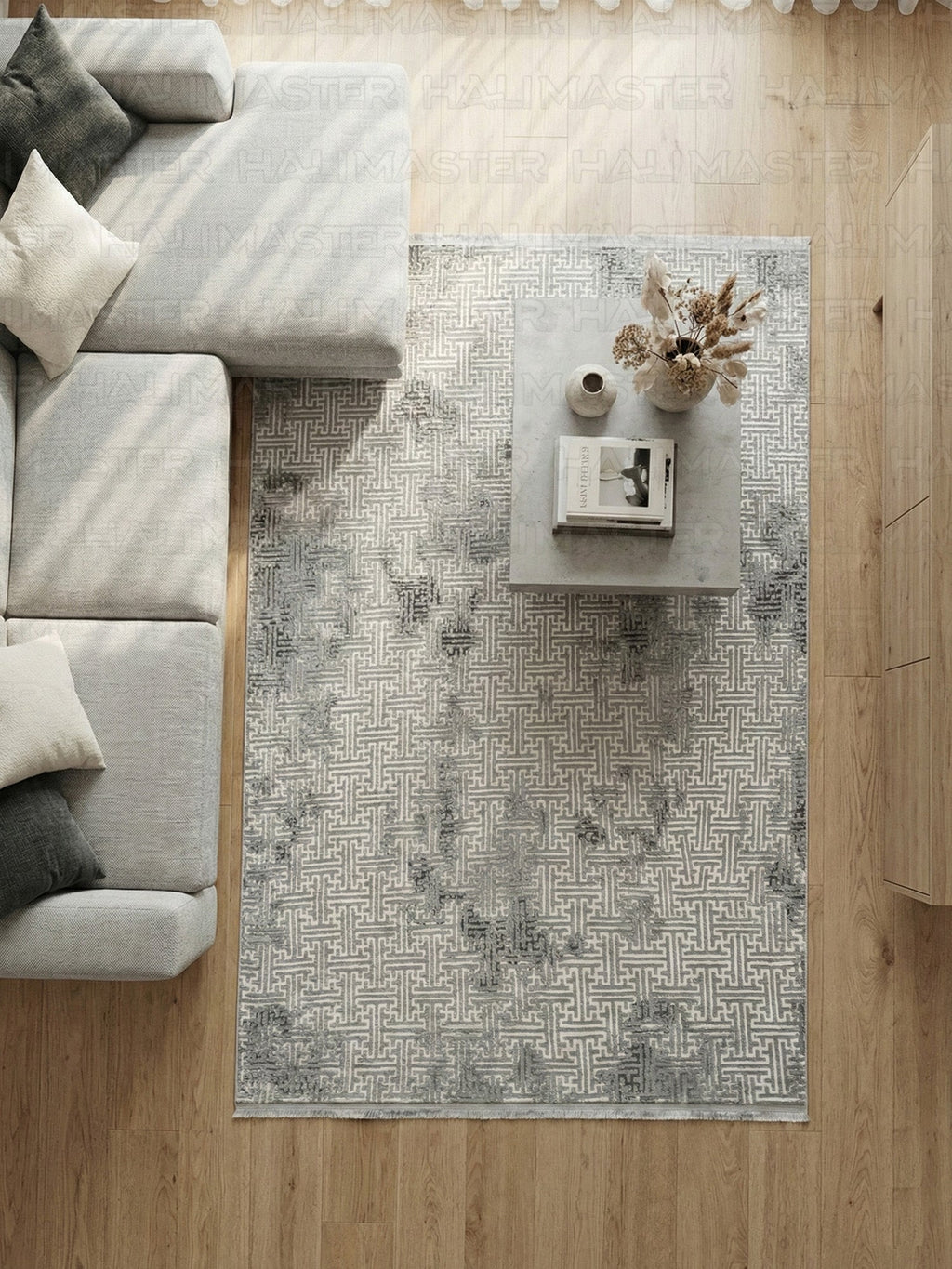 Modern Geometrik Desenli Antrasit Gri Salon Halısı - Eskitme Vintage Serisi