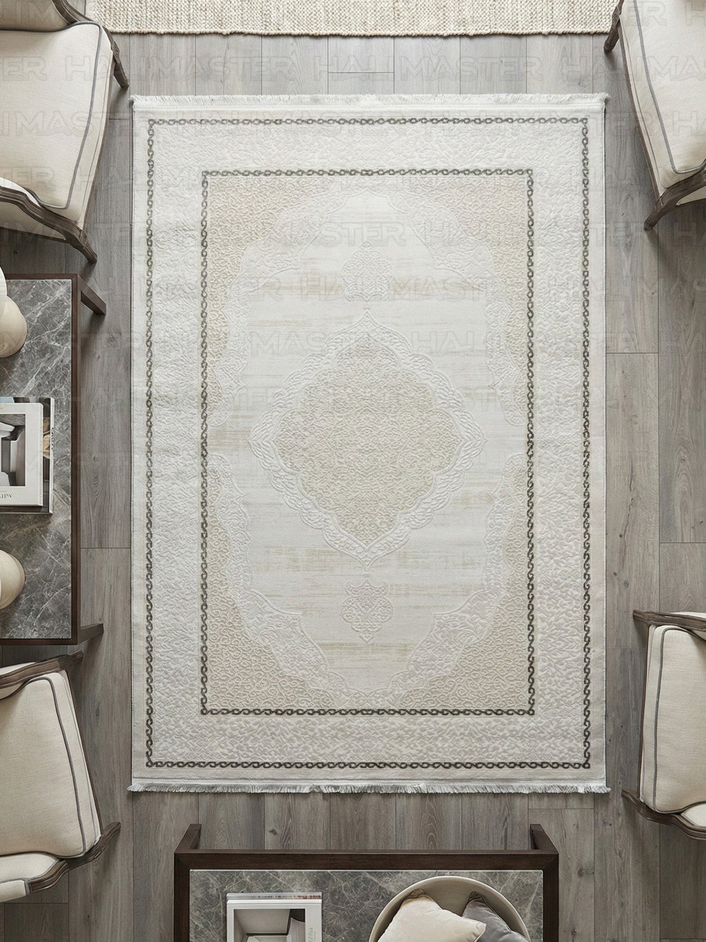 Krem Bej Madalyon Desenli Klasik Salon Halısı - Püsküllü Modern Makine Halısı