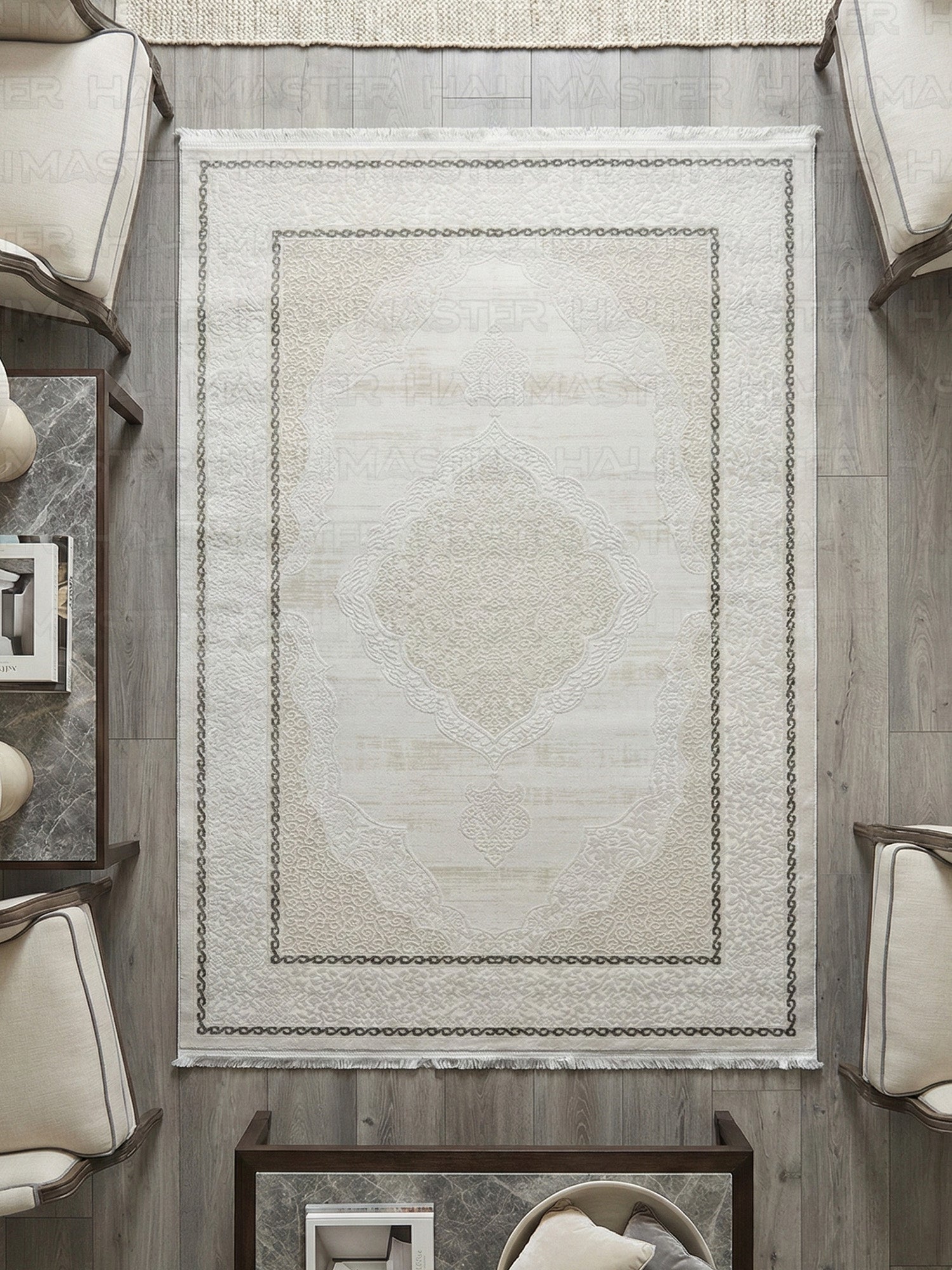 Krem Bej Madalyon Desenli Klasik Salon Halısı - Püsküllü Modern Makine Halısı