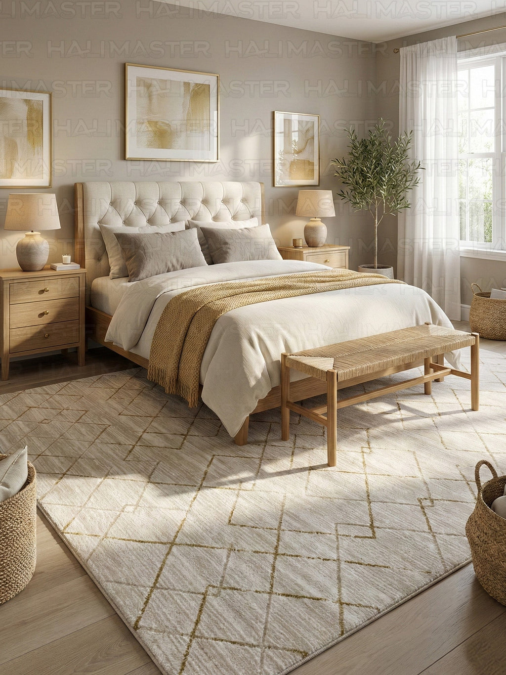 Akrilik Özel Ölçü Modern Geometrik Krem Halı – Altın Çizgi Desenli Minimal Salon & Koridor Halısı