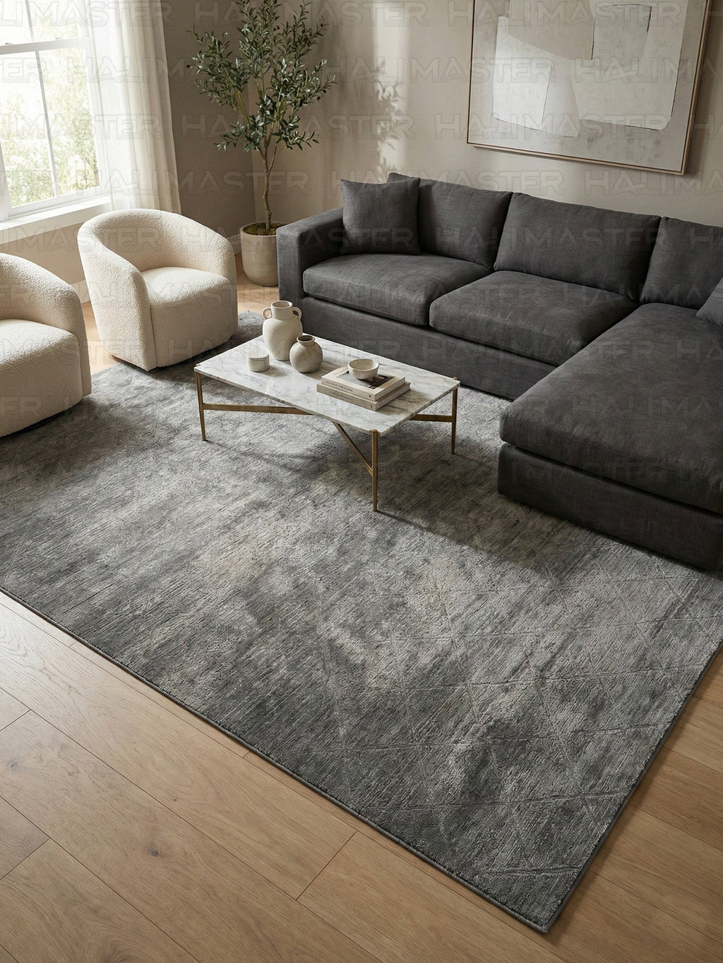 Bambu Antrasit Geometrik Desenli Kaymaz Taban Halı - Özel Ölçü Kesme Yolluk