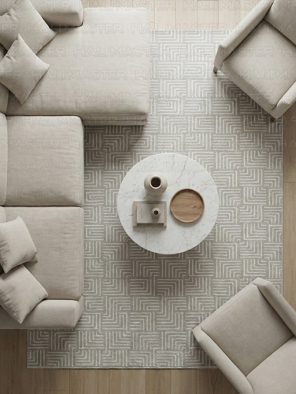 Akrilik Modern Geometrik Desenli Gri Halı – Özel Ölçü Salon & Antre Halısı