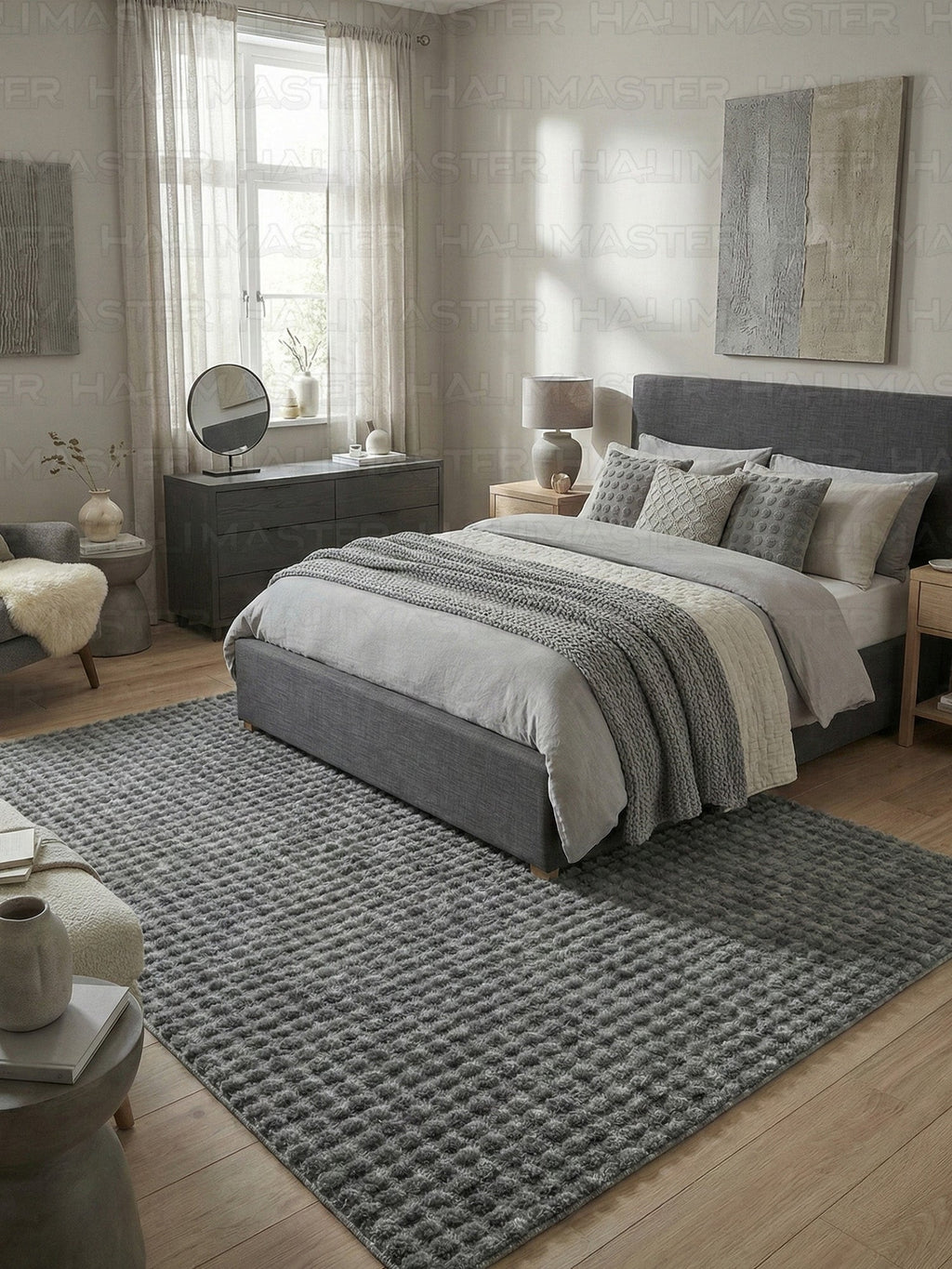 Gri Tavşan Tüyü Peluş Halı - Özel Ölçü Kaymaz Tabanlı 3D Kabartmalı Kesme Halı