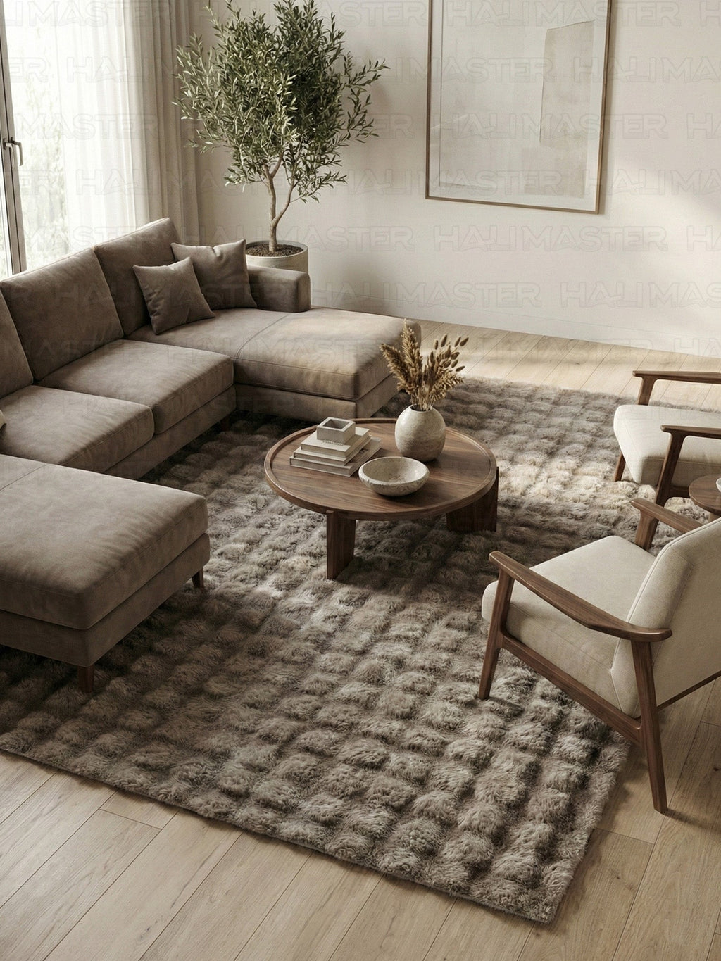 Kahve Tavşan Tüyü Peluş Halı - Özel Ölçü Kaymaz Tabanlı 3D Kabartmalı Kesme Halı
