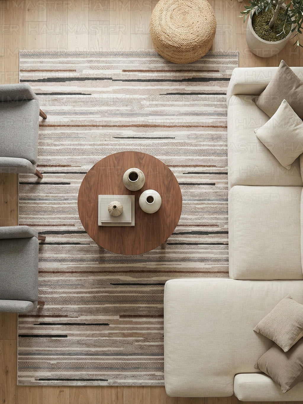 Bambu Soyut Desenli Antrasit Bej Modern Kaymaz Taban Halı ve Kesme Yolluk