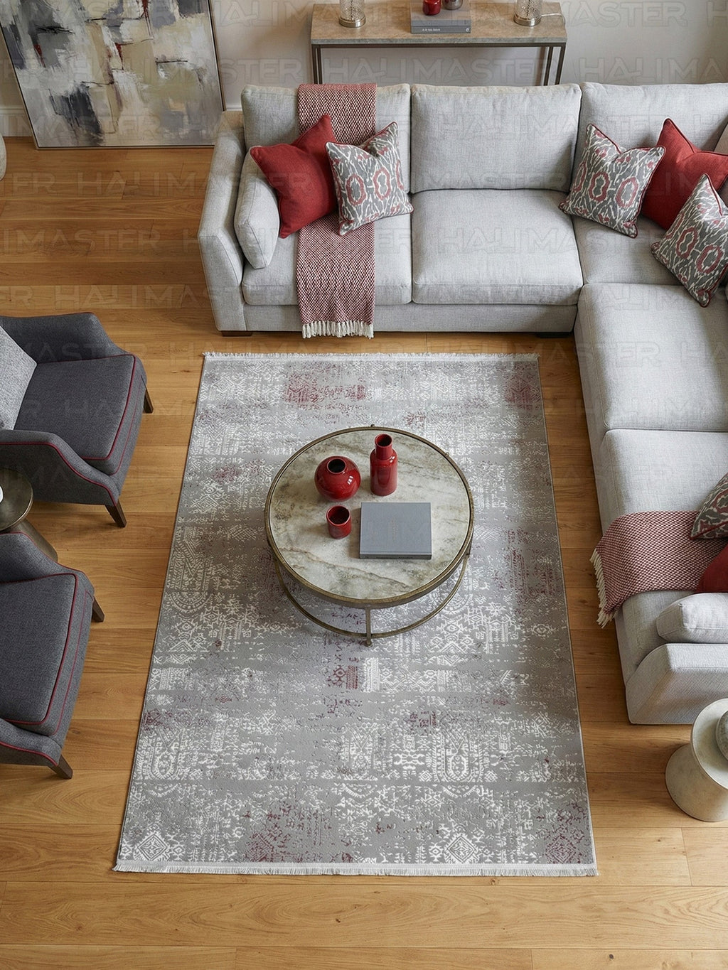 Gri Eskitme Desenli Modern Salon Halısı - Vintage Görünümlü Antrasit Halı