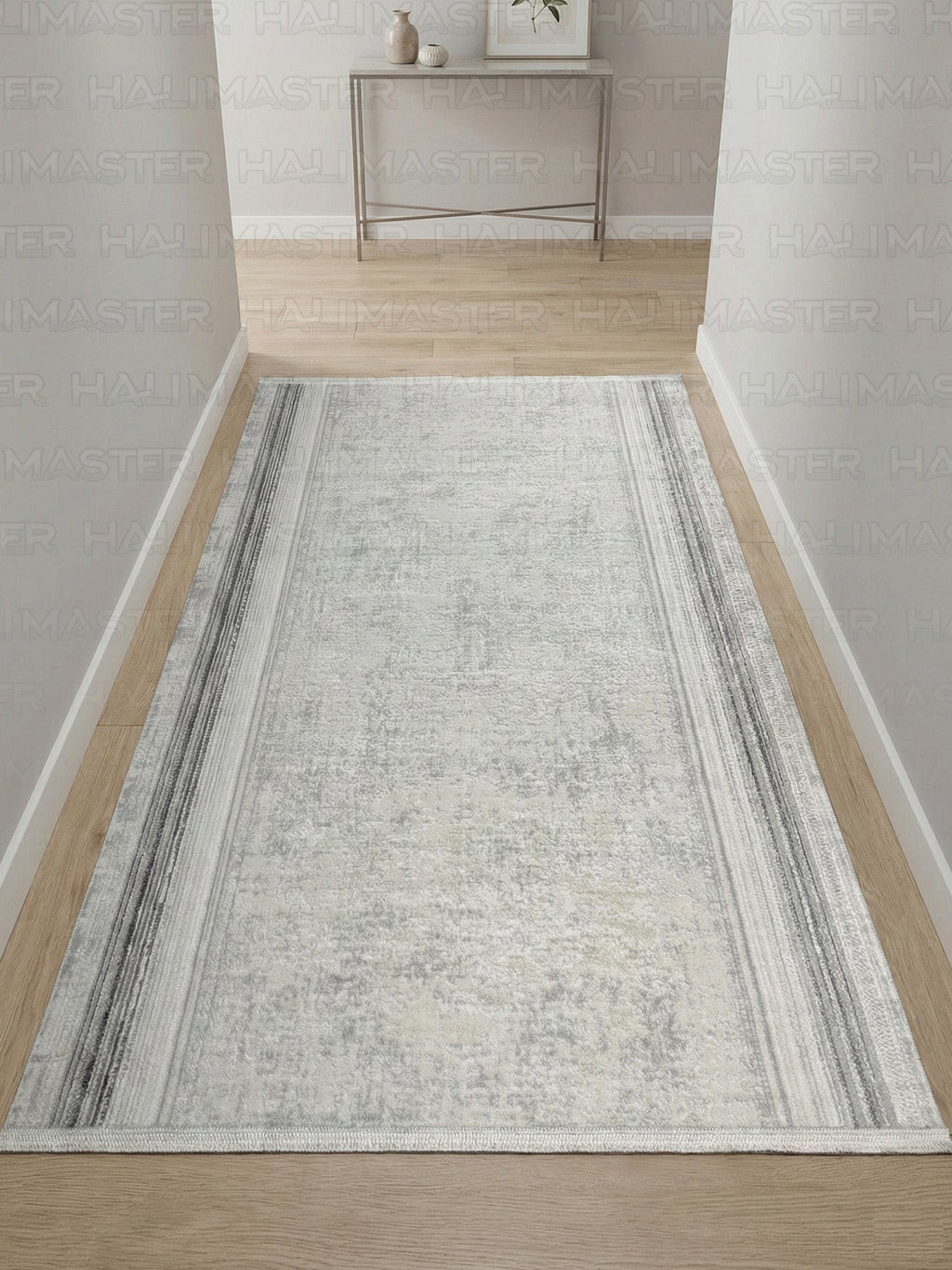 Kumru Minimalist Çizgili Bordürlü Eskitme Görünümlü Gri Kesme Halı