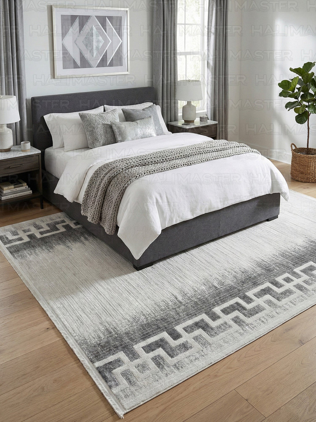 Kumru Grek Desenli Modern Halı - Eskitme Geçişli Antrasit ve Gri Özel Ölçü Halı