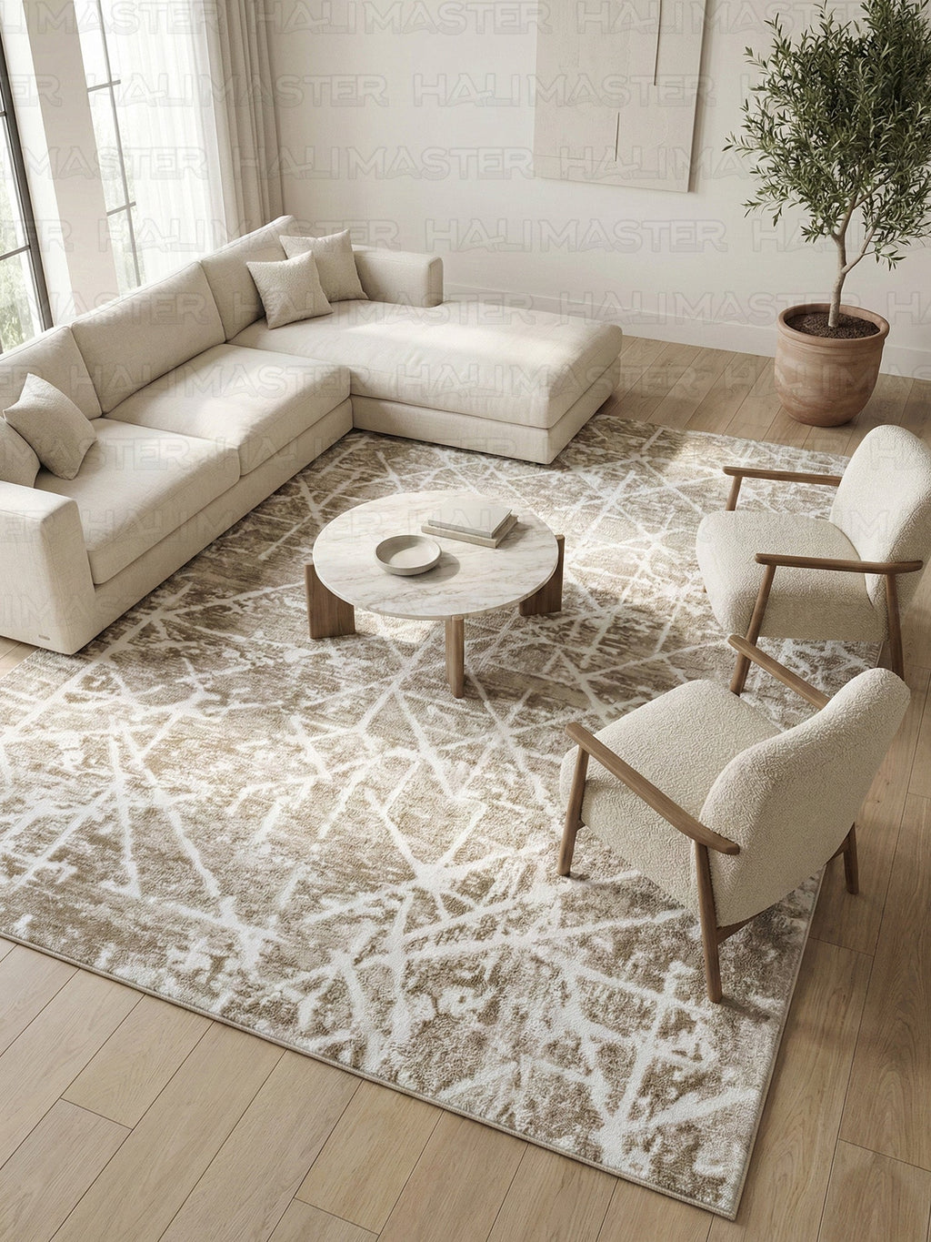 Akrilik Soyut Çizgi Desenli Modern Halı – Bej Ton, Özel Ölçü