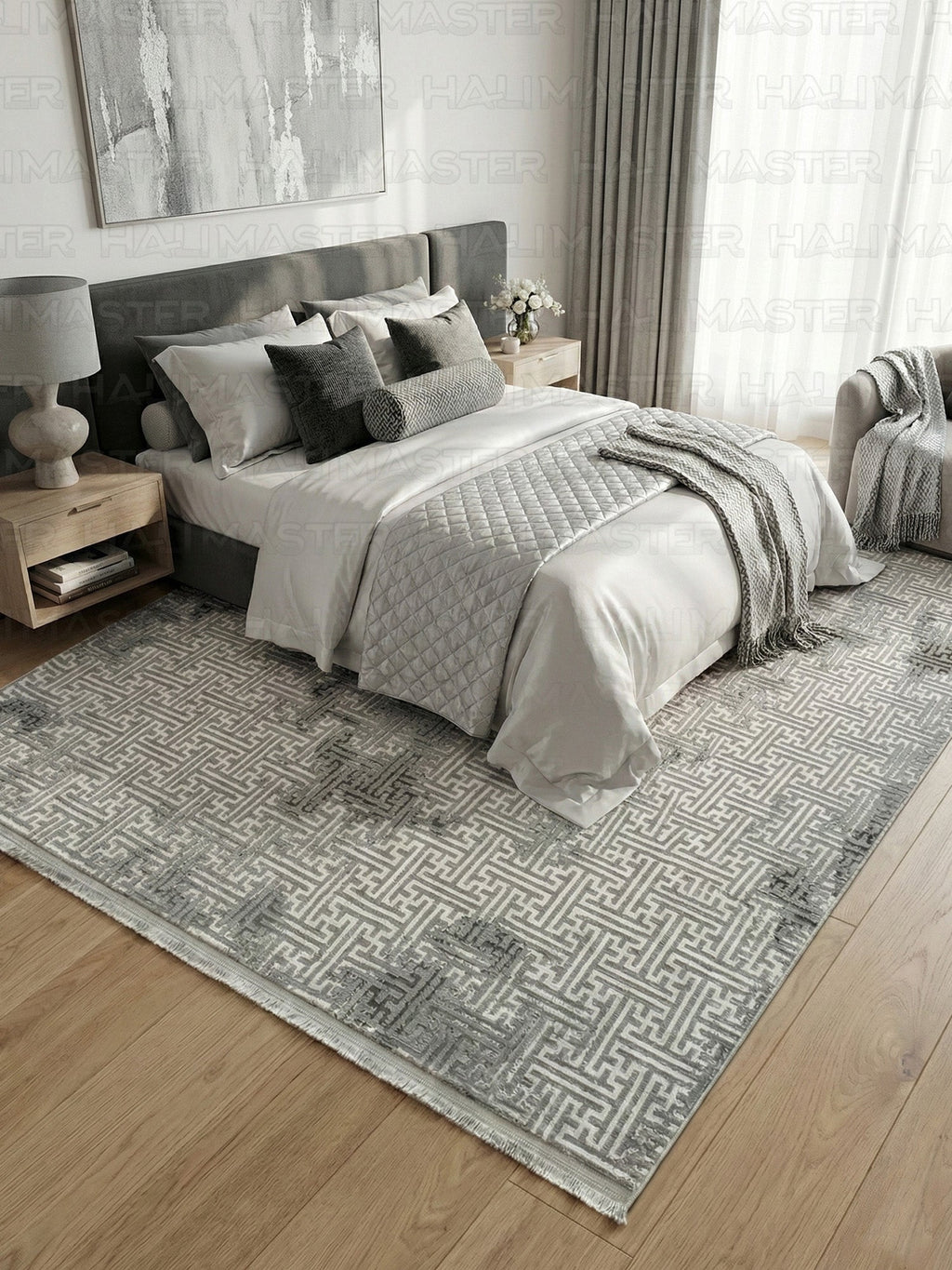 Modern Geometrik Desenli Antrasit Gri Salon Halısı - Eskitme Vintage Serisi