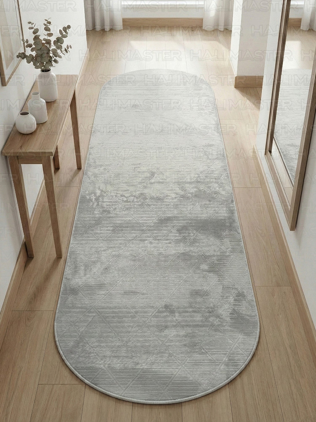 Bambu Gri Modern Geometrik Kaymaz Taban Özel Ölçü Kesilebilir Halı Yolluk