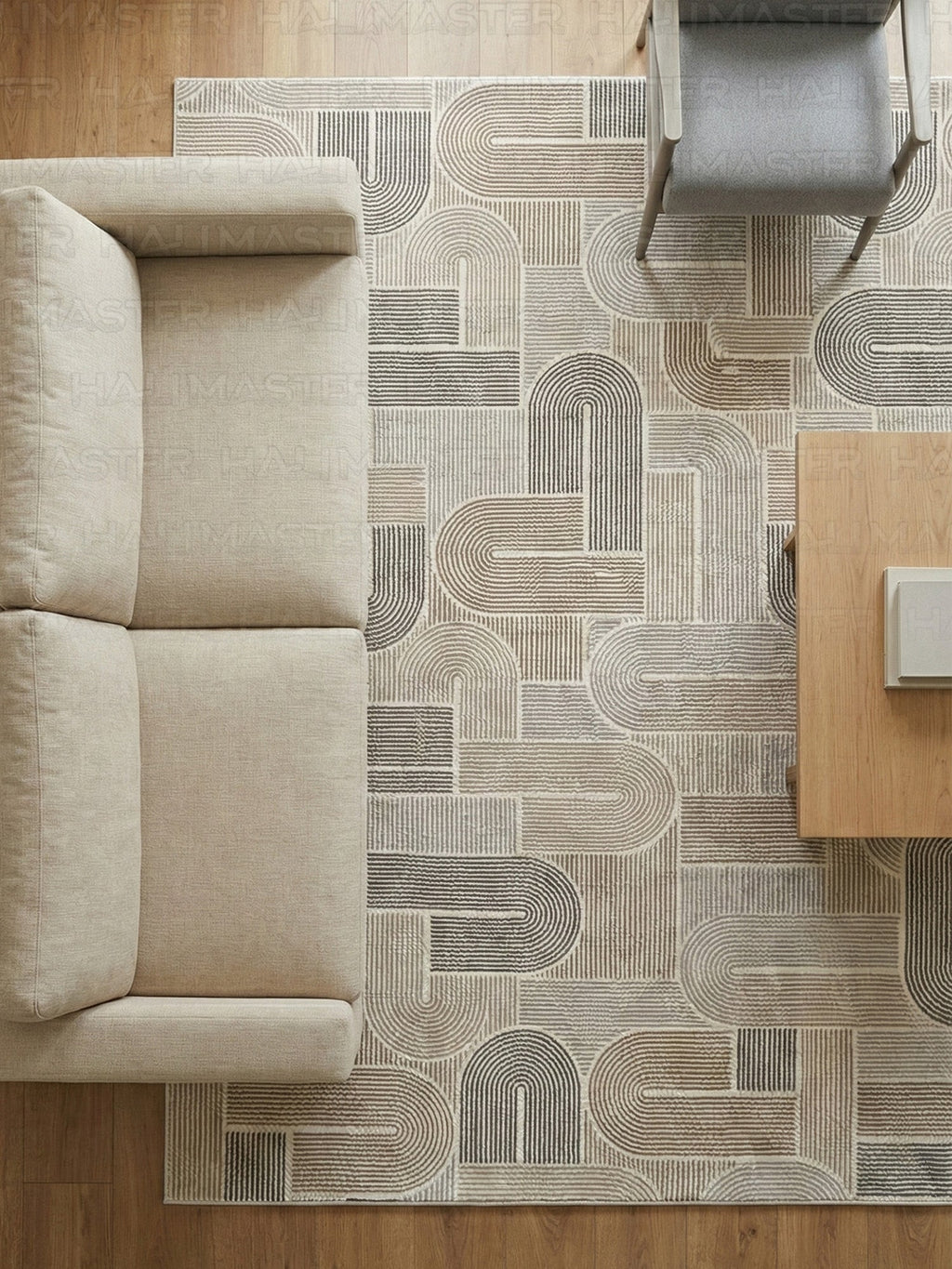 Dinarsu Minimalist U-Line Desenli Kahve - Bej  Vizon Kaymaz Taban Modern Halı