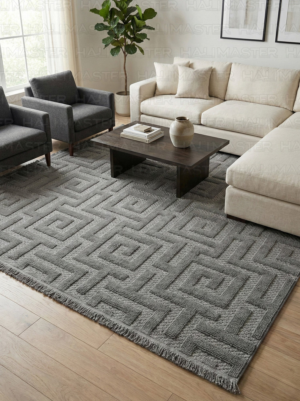 Dekoratif Antrasit Geometrik Desenli Kabartmalı Modern Halı - Saçaklı ve Özel Ölçü