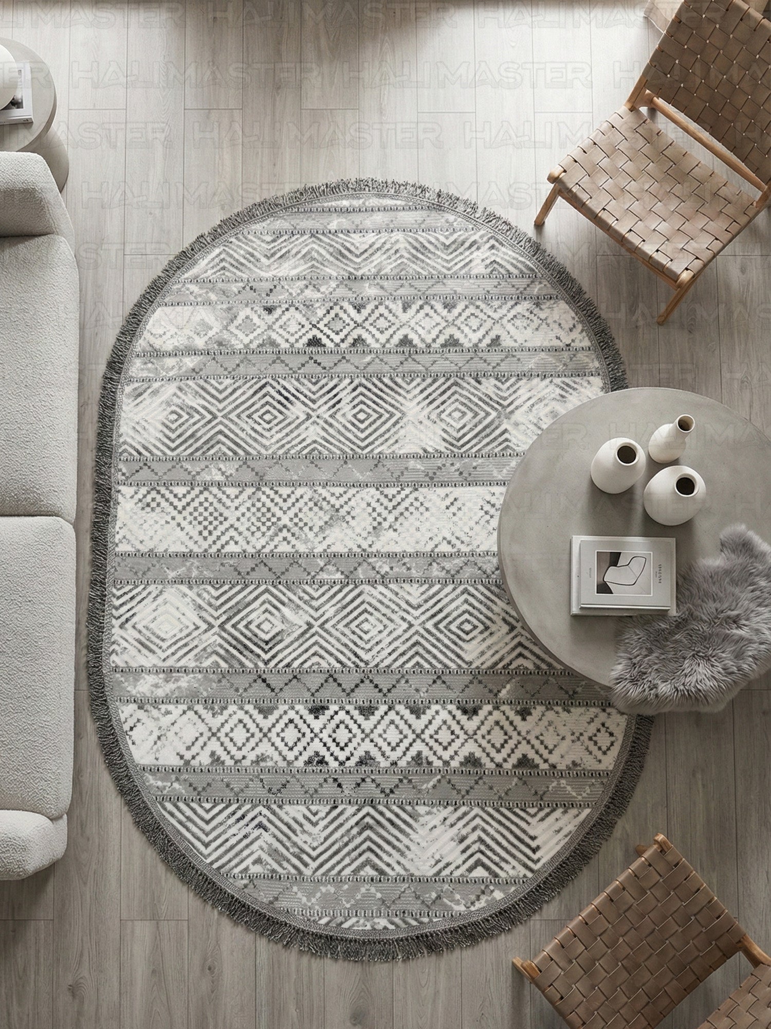 Modern Zigzag Desenli Gri Beyaz Oval Dekoratif Halı